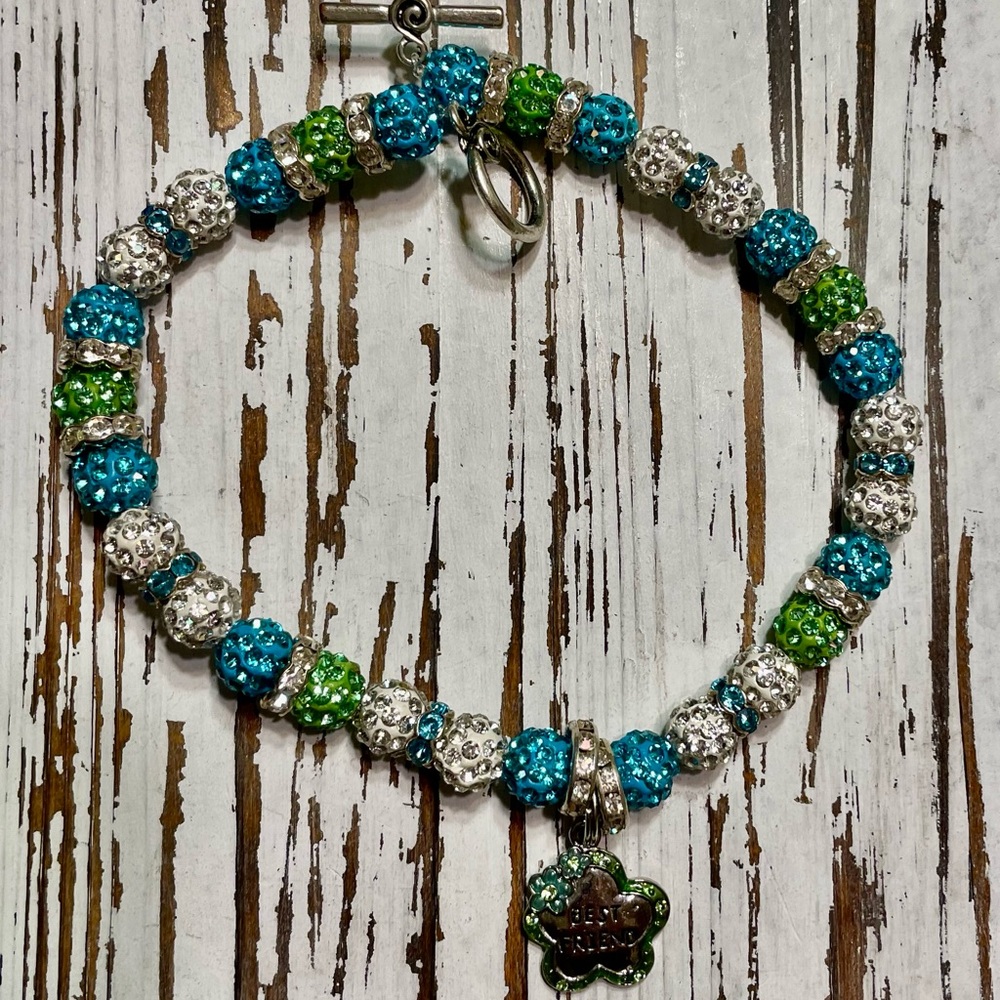 Elegant Beaded Pet Necklace with Silver, Blue, and Green Accents 13 inches